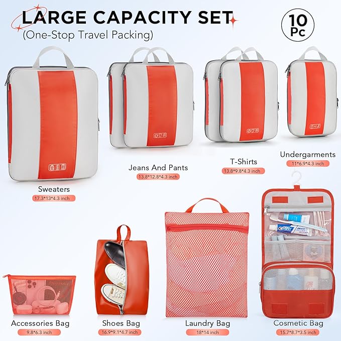 OlarHike Compression Packing Cubes for Travel Essentials(Orange,10 set)