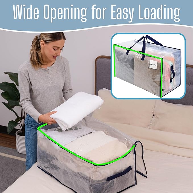 VENO 10 Pack Clear Extra Large Moving Bags & Storage Totes, Heavy Duty Organizer with Reinforced Handles & Strong Zippers for Clothes, College Dorm Essentials, Moving Supplies