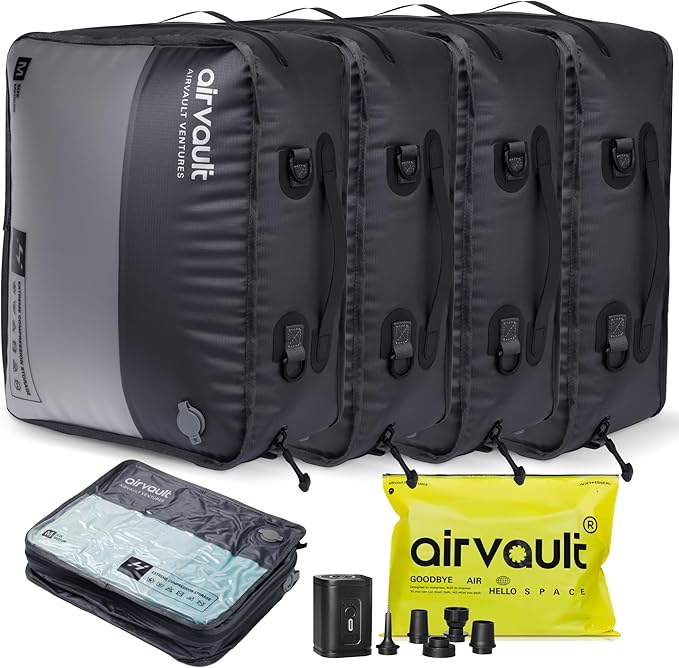 AirVault Reusable Vacuum Compression Travel Bag for Carry-On Suitcase and Backpack, Recycled IP67 Waterproof Space Saver Vacpack (21L (4-Pack))