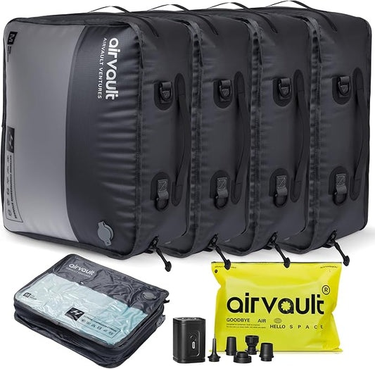 AirVault Reusable Vacuum Compression Travel Bag for Carry-On Suitcase and Backpack, Recycled IP67 Waterproof Space Saver Vacpack (21L (4-Pack))