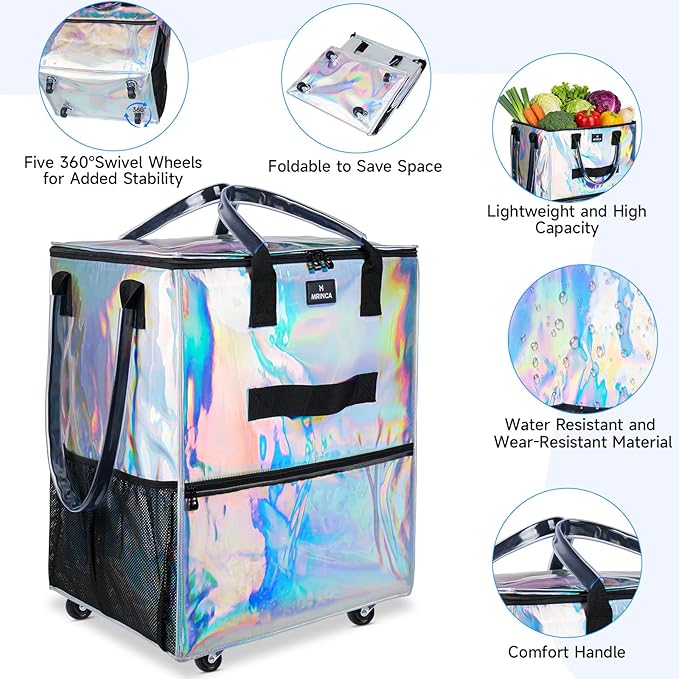 Reusable Grocery Bag On Wheels, Foldable Shopping Trolley with Enhanced Stability Wheels, Water Resistant, 6 Pockets & 3-Way Carry for Outdoor, Camping, Small, Gradient Silver