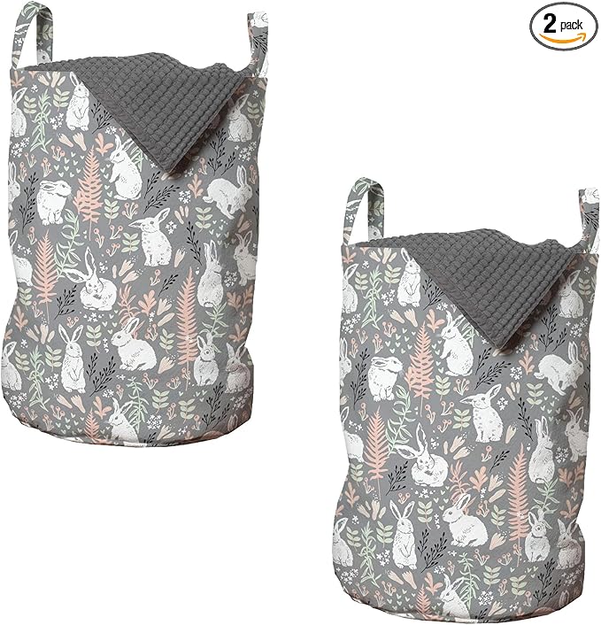 Ambesonne Bunny Laundry Bag Pack of 2, Nature Inspired Pattern Drawn by Hand with White Hares Hearts and Floral Elements, Hamper Basket with Handles Drawstring Closure, 13" x 19", Multicolor