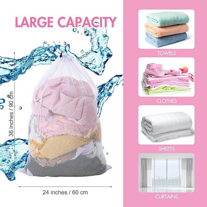 Berlune Large Mesh Laundry Bags, 24 x 36 Inch Bulk Wash Set with Drawstring for Commercial Use, Dorms, Vacation Rentals, Laundromats, Apartments & Facilities (White,1)