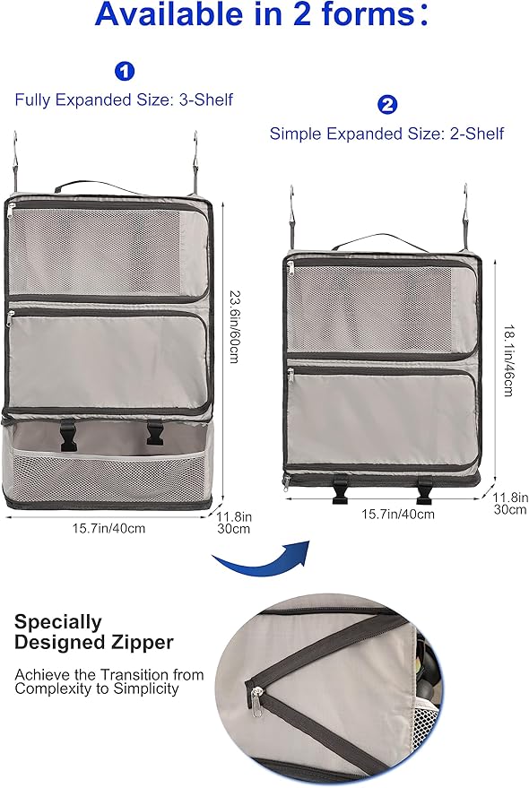 ELEZAY Hanging Packing Cubes Portable Closet 3-Shelf Travel Collapsible Compression Garment Organizer for Carry-on Luggage Suitcase Space Saver Bag XX-Large_No Side Pockets, Lightgrey