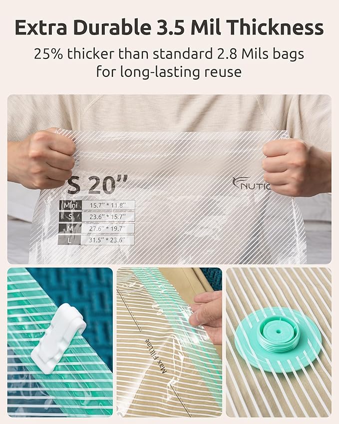 NUTICT 20-Pack Travel Vacuum Storage Bags, Rechargeable Electric Pump, Space Saver Compression Packing Bags for Luggage & Suitcase, Long-Term Reusable Seal Bag for Clothes, Bedding, Seasonal Storage