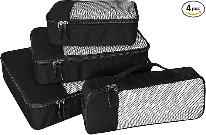 WTREE 4-Piece Packing Cubes Travel Accessories Set for Suitcases - Luggage Organizer Bags with Double Zipper - Mesh Top - Small/Medium/Large/Slim - Black