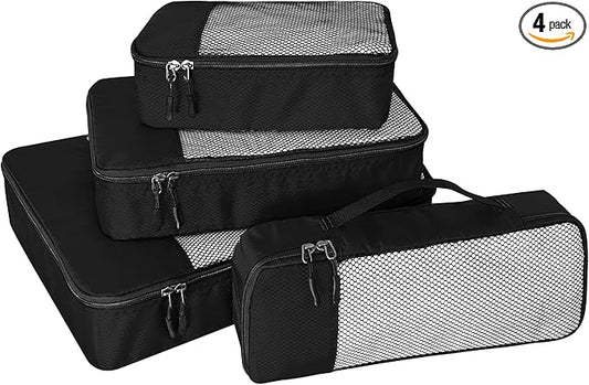 WTREE 4-Piece Packing Cubes Travel Accessories Set for Suitcases - Luggage Organizer Bags with Double Zipper - Mesh Top - Small/Medium/Large/Slim - Black