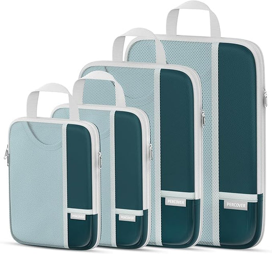 Percover Compression Packing Cubes for Travel, 4-Piece Structured Compression Organizer Set with Label Pockets for Carry-On & Checked Luggage, Peacock Green