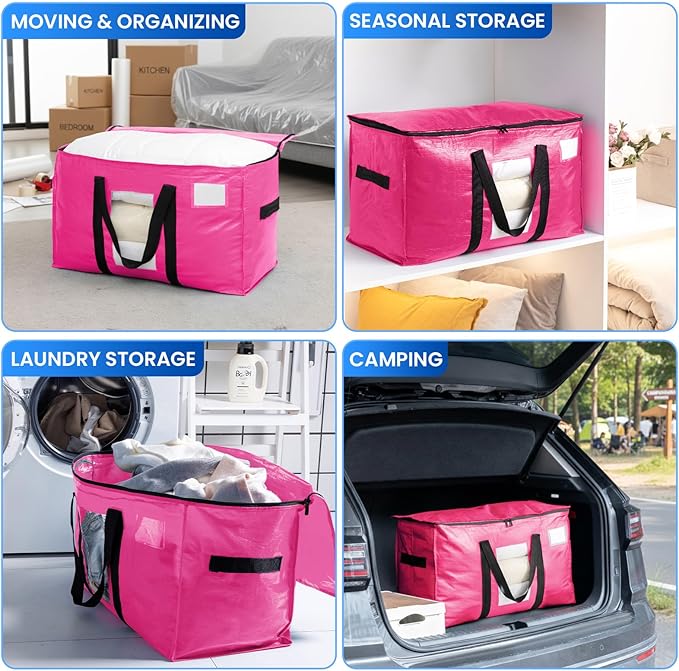 TAILI 6 Pack Pink Extra Large Moving Bags, Heavy Duty Totes with Visible Window, Wrap Around Handles, Space-Saving Storage Solution, Alternative to Moving Boxes