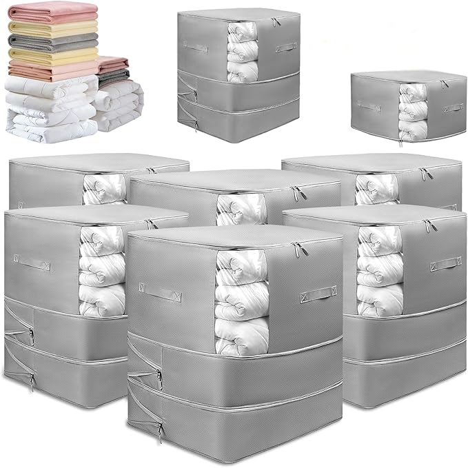 6 Pack Upgrade Comforter Storage Bag with Handle, Space Saving 3-Layer Adjustable In 3 Sizes (142L, 107L, 71L), Compression Blanket Storage Bags, Washable Bedding Organizer For Pillow Duvet Clothing