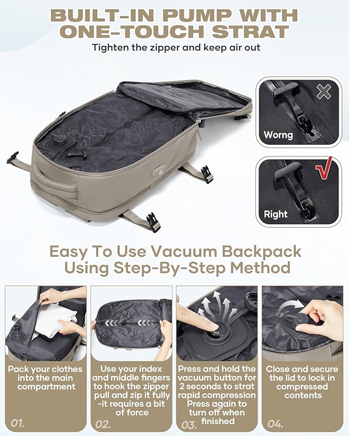 Vacuum Seal Travel Backpack Built-in Pump,Air Compression System Vacuum Vacpack Backpack Travel Bag for Women Men Carry On Suitcase Luggage Laptop Airlines Approved Daypack Space Saver Bags Grey Brown
