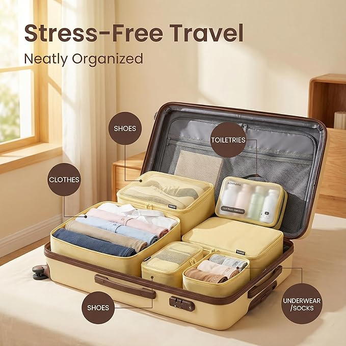 6 Set Compression Packing Cubes for 7–14 Day Travel, Durable Nylon Oxford Luggage Organizers with IP6X Waterproof Toiletry Bag, Expandable Suitcase Packing System (Bright Yellow)