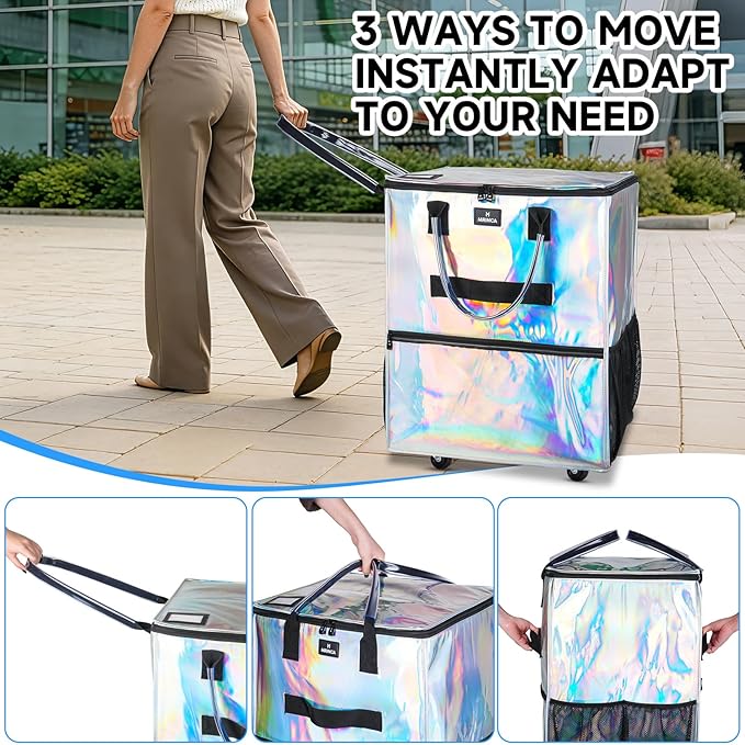 Reusable Grocery Bag On Wheels, Foldable Shopping Trolley with Enhanced Stability Wheels, Water Resistant, 6 Pockets & 3-Way Carry for Outdoor, Camping, Small, Gradient Silver