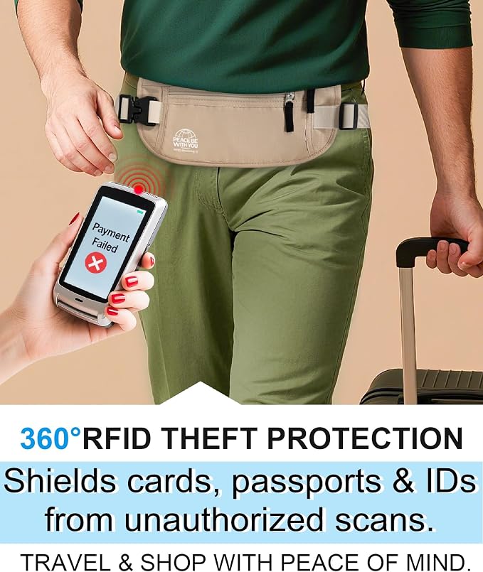 Money Belt for Travel, Passport Holder, RFID Blocking, Sweat-Proof, Beige - Image 3