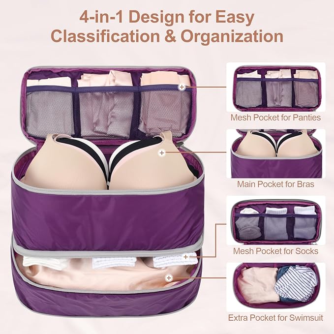 Cambond Travel Underwear Organizer Bag - 4-in-1 Soft Double Layer Bra Travel Bag, Portable Expandable Compression Packing Organizers, Underwear Storage Bag Packing Cubes for Women
