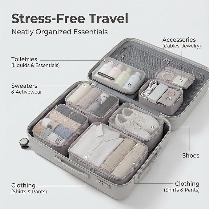 6 Set Compression Packing Cubes for 7–14 Day Travel, Durable Nylon Oxford Luggage Organizers with IP6X Waterproof Toiletry Bag, Expandable Suitcase Packing System (Misty Silver)