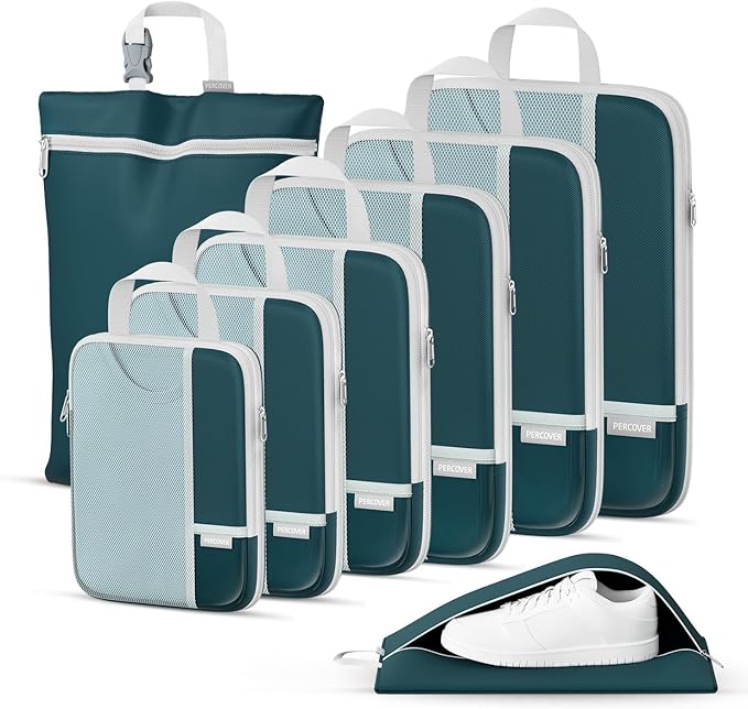 Percover Compression Packing Cubes for Travel, 8-Piece Structured Compression Organizer Set with Laundry Bag & Shoe Bag for Carry-On & Checked Luggage, Peacock Green
