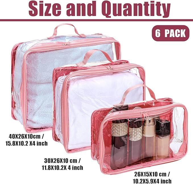 Hillban 6 Pcs Pink Large Clear Travel Packing Cube 3 Sizes See Through PVC Organizer for Suitcase Multipurpose Pouch with Handle Vinyl Zippered Storage Bags Luggage Cube Organizer