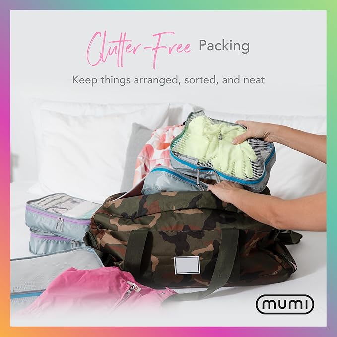 MUMI Packing Cubes - 5 Compression Packing Cubes for Travel, Luggage Organizer Bags for Suitcases, Carry-On, Duffle or Backpack – Mesh, Waterproof Bags for Clothes, Kids & Travel Accessories - Blue