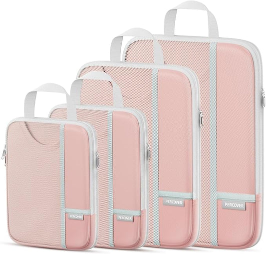 Percover Compression Packing Cubes for Travel, 4-Piece Structured Compression Organizer Set with Label Pockets for Carry-On & Checked Luggage, Pink