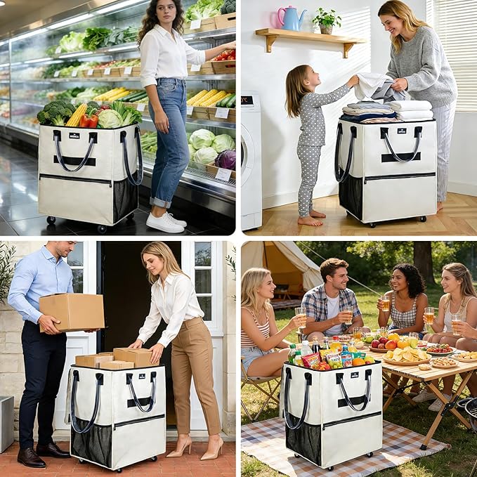 Reusable Grocery Bag On Wheels, Foldable Rolling Tote with 6 Pockets & 3-Way Carry, Heavy Duty Handles, Zippered Top for Groceries, Laundry, Storage, Small, Beige