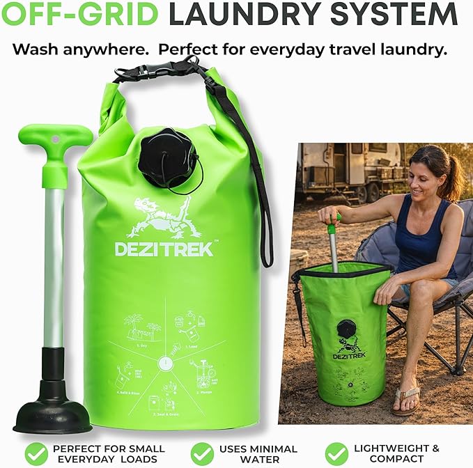 All in One Hand Wash Bag and Plunger Set - Off Grid Washing Machine Non Electric for Camping Travel | Eco Friendly Portable Manual Clothes Washer Laundry Bag for RV's (Medium)