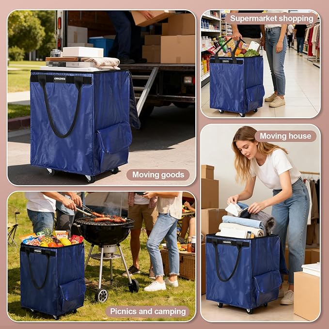 (Medium,Blue) Reusable Grocery Bag on 4 Wheels, Foldable Rolling Tote Bag with 3 Handles and Zipper, Storage Organizer for Groceries, Rolling Shopping Cart for Travel, 76lb