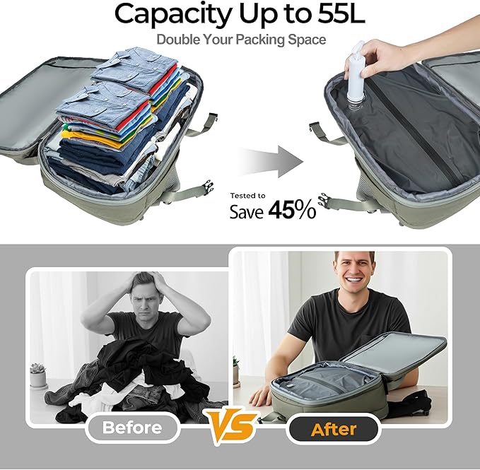 Vacuum Compression Backpack, Carry-On Size Travel Backpack with Vacuum System and Pump, Expands to 55L Packing Capacity, Fits 17” Laptop & 5–7 Days of Clothes, Water-Resistant Compression Backpack