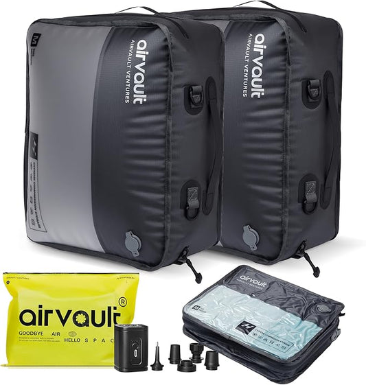 AirVault Travel Pack Vacuum Kit Reusable Air Seal Compression Bags with Wireless Suitcases Backpack Space Saver Vacpack (21L (2-Pack))