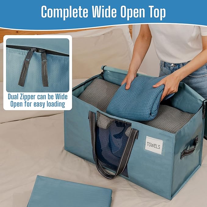 VENO 10 Pack Heavy Duty Moving Bags, Clothes and Comforter Storage Bags with Clear Window, College Dorm Essentials Packing Supplies, Foldable Boxes Alternative (Shiny Light Blue, 10 Pack)