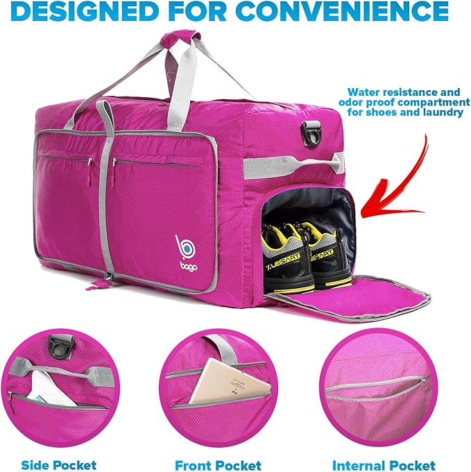 Bago Large Duffle Bag for Travel Women & Men. Durable Lightweight Foldable Travel Duffel Bags For Traveling Women. 100L Duffle Bags for Overnight Bag With Shoe Compartment Collapsible Weekender duffel