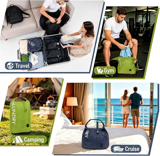 WiseBoy Travel Laundry Bag 2 Pack, Compression Laundry Bag for Dirty Clothes, Waterproof Wet Dry Bag, Pump-Free Space Saving Organizer for Suitcase Packing, Gym, Swim, Camping (Navy Blue & Green)
