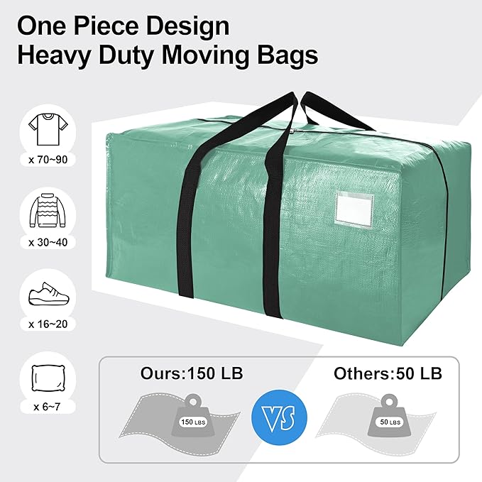 6 Pack Heavy Duty Extra Large Moving Bags W/Backpack Straps - Strong Handles & Zippers, Storage Totes For Space Saving, Fold Flat, Alternative to Box and Bin (40 gal, Teal)