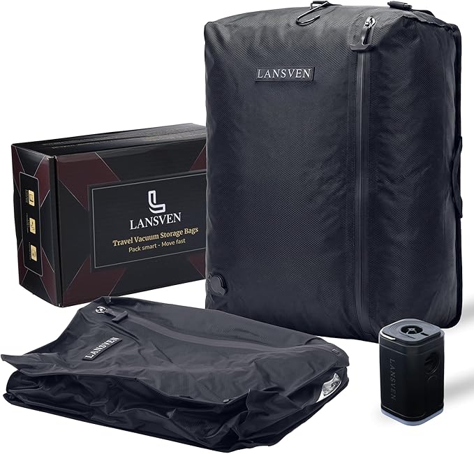 Cordless travel vacuum bag set - Reusable Nylon Compression Bags + Rechargeable Pump - Save 60% Space - travel pack vacuum kit - vacuum travel bags with pump - for Carry-On & Suitcase