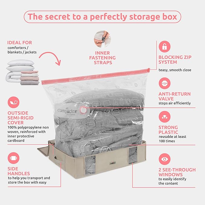 Compactor Under Bed Vacuum Storage Bag with Semi-Rigid Box, Closet Organizer, Vacuum Seal Bags for Clothing and Bedding, Fits All Vacuum and Nozzle Types, 145L, Large, Beige
