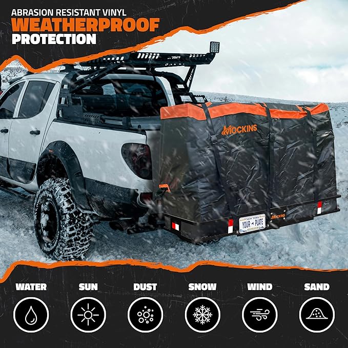 Mockins 60"x24"x6" Heavy Duty Trailer Hitch Cargo Carrier with 30 Cu Ft Waterproof Cargo Bag for Hitch Carrier & 6 Packing Cubes | 500 Lbs. Capacity Folding Luggage Rack for SUV, Car, Truck, & RV
