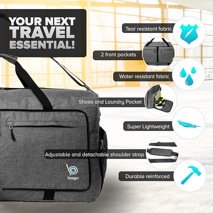 Bago Extra Large Duffle Bag for Travel Women & Men. Durable, Lightweight, Foldable Travel Duffel Bags For Traveling Women. 120L Duffle Bags Use As a Weekender Bag with Shoe Compartment, Checked Duffel