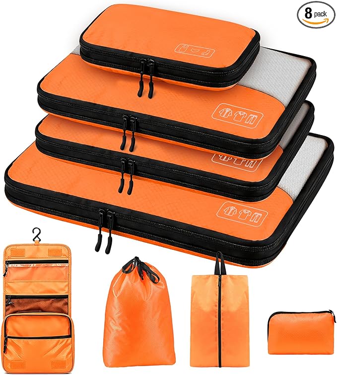 8-Piece Compression Packing Cubes for Travel, Bright & Lightweight Luggage Organizer System for Outdoor Travel & Adventure, Space Save for Backpack, Duffel Bag & Suitcase- Orange