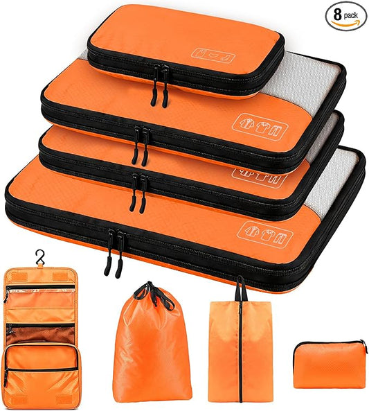 8-Piece Compression Packing Cubes for Travel, Bright & Lightweight Luggage Organizer System for Outdoor Travel & Adventure, Space Save for Backpack, Duffel Bag & Suitcase- Orange