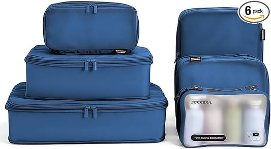 6 Set Compression Packing Cubes for 7–14 Day Travel, Durable Nylon Oxford Luggage Organizers with IP6X Waterproof Toiletry Bag, Expandable Suitcase Packing System (Dark Blue)