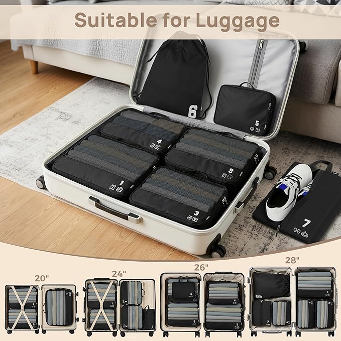 7 Set Compression Packing Cubes for Travel, Luggage Organizer Bags for Suitcases with Mesh Panels, Shoe Bag & Toiletry Bag for Carry On, Vacation & Cruise Essentials (Black)