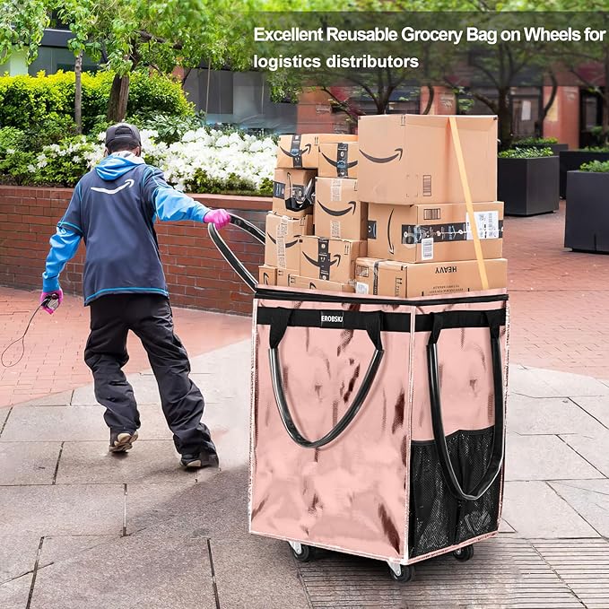 (Medium,Rose Gold) Reusable Grocery Bag on Wheels, 70L Foldable Rolling Tote, Carries Up to 66 lbs Shopping Trolley, Zipper Clouser Shopping Carts for Trips, Laundry, 4 Heavy Duty Wheels and 3 Handles
