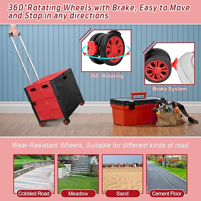FELICON Folding Utility Cart Portable Rolling Crate Handcart with Durable Heavy Duty Plastic Telescoping Handle Collapsible Hidden Lid 4 Rotate Wheels for Travel Shop Move Office Teacher(Red&Black)