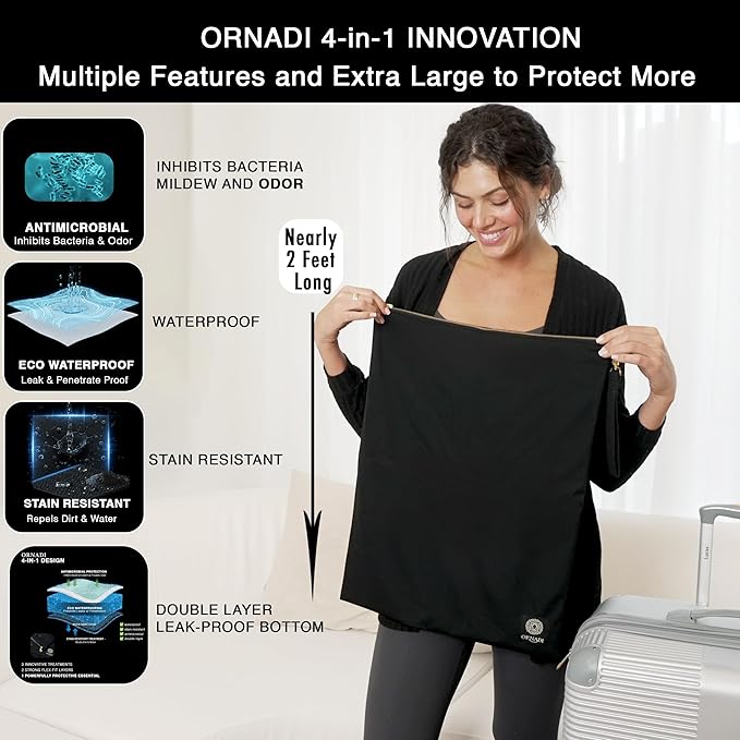 Ornadi X Large Waterproof Antimicrobial Travel Wet Dry Laundry Bag Inhibits Bacteria & Odor from Swimsuits & Towels, Sweaty Gym Shoes, Dirty Clothes Protects Luggage Made in USA 17 x 23.5”