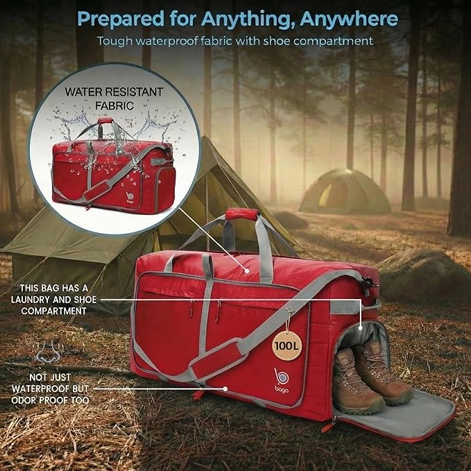 Bago Large Duffle Bag for Travel Women & Men. Durable Lightweight Foldable Travel Duffel Bags For Traveling Women. 100L Duffle Bags for Overnight Bag With Shoe Compartment Collapsible Weekender duffel