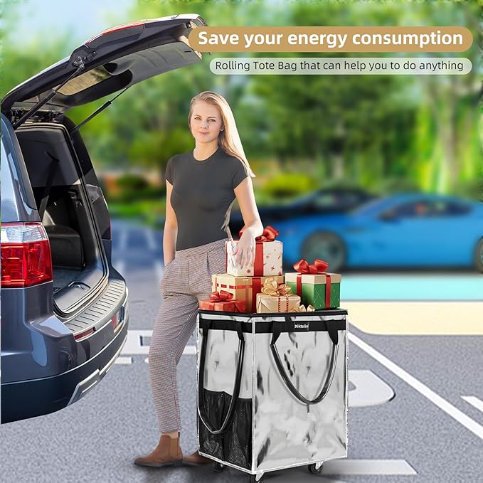 (Large,Silver) Reusable Grocery Bag on 5 Wheels, Foldable Rolling Tote Carries Up to 76lb Shopping Trolley, Rolling Bag with 3 Handles, Zipper Clouser Rolling Tote Bag with Wheels for Laundry