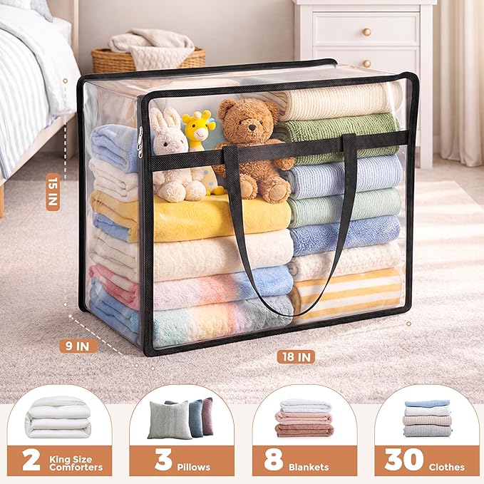 Budding Joy Clear Zippered Storage Bags for Clothes,40L Closet Organizers and Storage Containers Vinyl Moving Bag for Bedding, Linen, Blankets, Comforters, Clothing & Toys, Black, 4 Pack