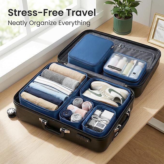 6 Set Compression Packing Cubes for 7–14 Day Travel, Durable Nylon Oxford Luggage Organizers with IP6X Waterproof Toiletry Bag, Expandable Suitcase Packing System (Dark Blue)