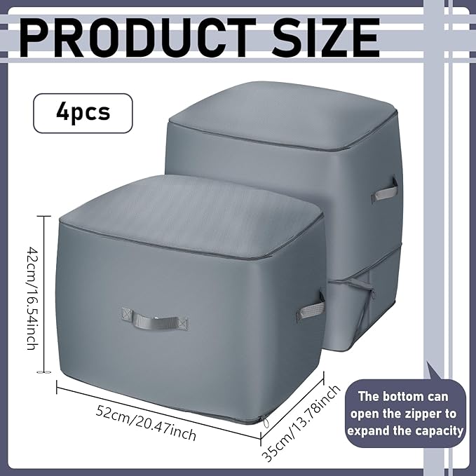 4PCS Comforter Storage Bag 125L Large Capacity Blanket Storage Bags 2-Layer Ultra Space Saving Self Compression Organize Closet Organizers for Comforter Blanket Duvet Down Jacket (Gray)
