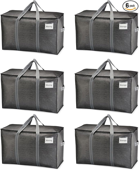 VENO 6 Pack Heavy Duty Moving Bags, Extra Large Storage Bags with Reinforced Handles & Strong Zippers, Foldable & Reusable Moving Box Alternative for Clothes & Dorm Storage